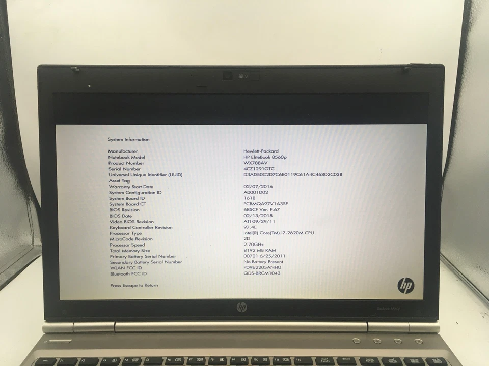 HP ELITEBOOK 8560P - BOOTS TO BIOS - INTEL I7 2620M - 8GB RAM - READ DESC - BB - Image 2 of 4