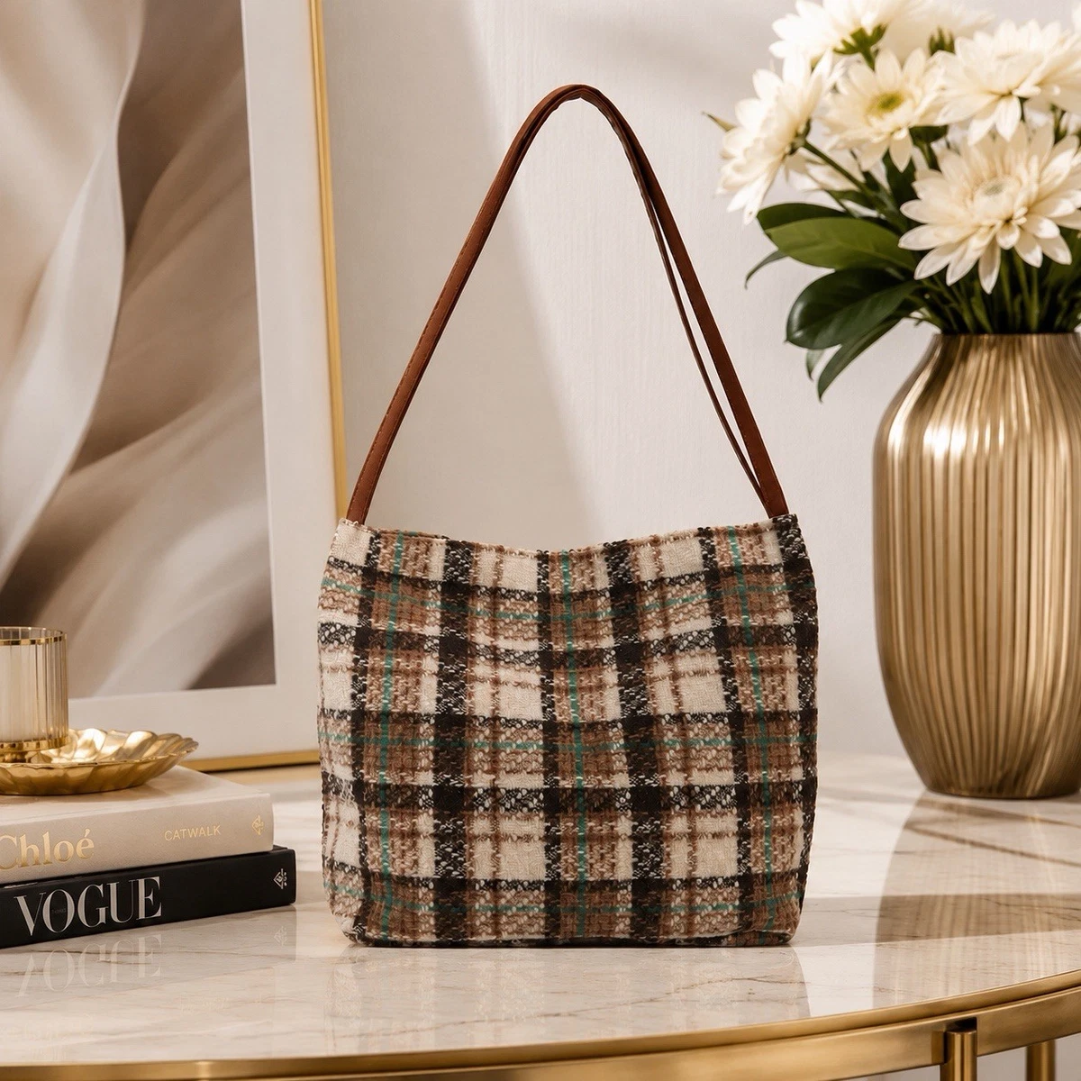 Polyester Exterior Shoulder Bag Checkered Bags & Handbags for