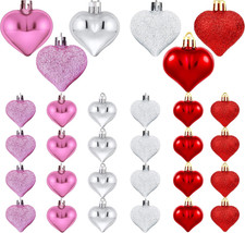 24pcs Valentine Heart Ornaments 3 Colors Glossy  Glitter Hanging Decor