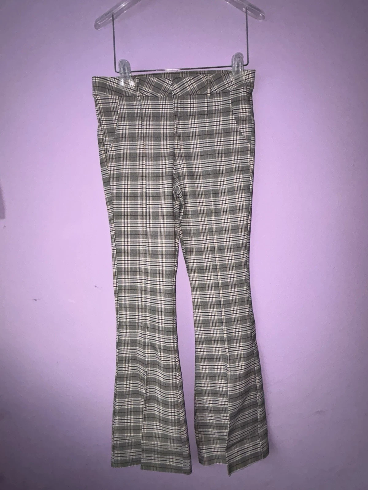 Sugar Rain Pants L Womens Grey Plaid Flare Leg Split Hem