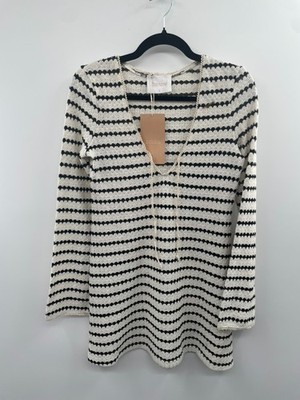 NWT Etre Aime Crochet Mini Dress Women's Small White Black Striped Flared Sleeve