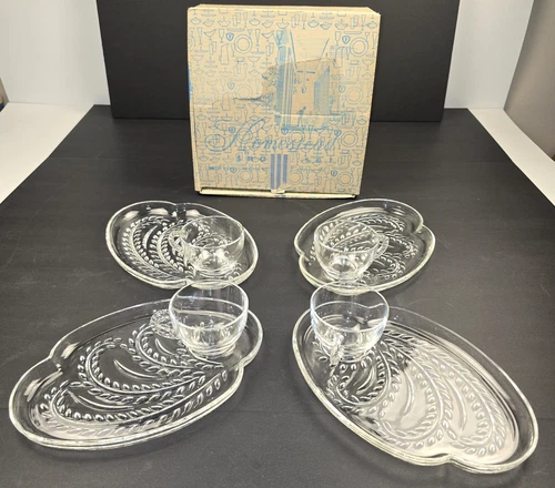 Vintage Federal Glass Hospitality Snack Set Homestead Wheat with 4 Plates 4 Cups
