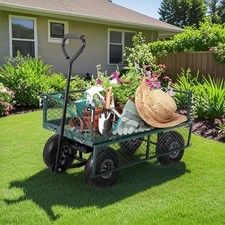 Folding Garden Cart, 500LB Capacity with Removable Mesh Sides  10" Tires, Green