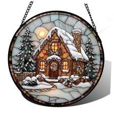 Stained Glass Window Hanging - Christmas Tree 7.8x7.8 IN Brown and White
