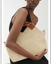 Arket Authentic Leather Trim Straw Basket Shoulder Bag Tan Beige Immaculate
