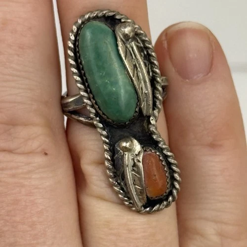 Vtg 925 Silver Native American Turquoise & Coral Ring, Damaged Band Sz 4