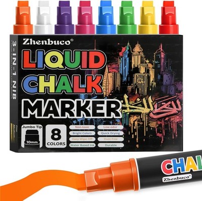 Window Chalk Markers - 8 Vibrant Colors | 10mm 3-in-1 Nib Thick Wide Tips |