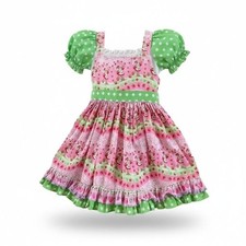 Handmade Strawberry Shortcake Pink Green Polka Dot Ruffle Puffy Sleeve Dress