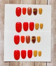 Custom Press On Gel Nails Handmade Red Leaves Accent Oval Short 20 Tips