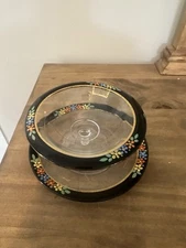 Vintage Westmoreland Glass Floral Black Enameled Compote Mayonnaise Bowl W/Plate