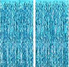 , Xtralarge Wavy Blue Foil Fringe Curtain - Pack of 2 Blue Streamers for Un...