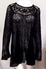 Free People Black Lace Sheer Trapeze Tunic Top Bell Sleeves Beaded Dress Large