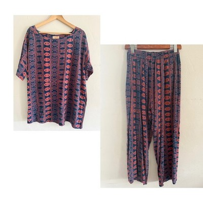 Noa Noa Hawaii Handmade Rayon Batik 2 Piece Set Top & Pants Blue Women Large