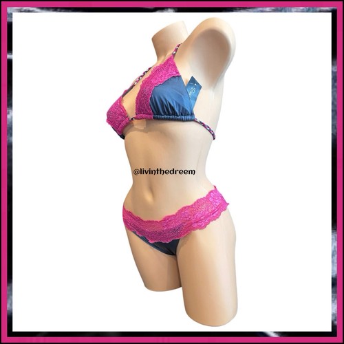 Beach Bunny Shiny Lady Lace Skimpy Bottoms Grey and Pink L Set $250 - Picture 3 of 12