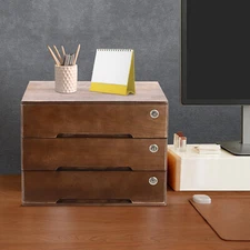 Walnut Desktop Storage Cabinet with 3 Lockable Drawers for Organized Workspaces