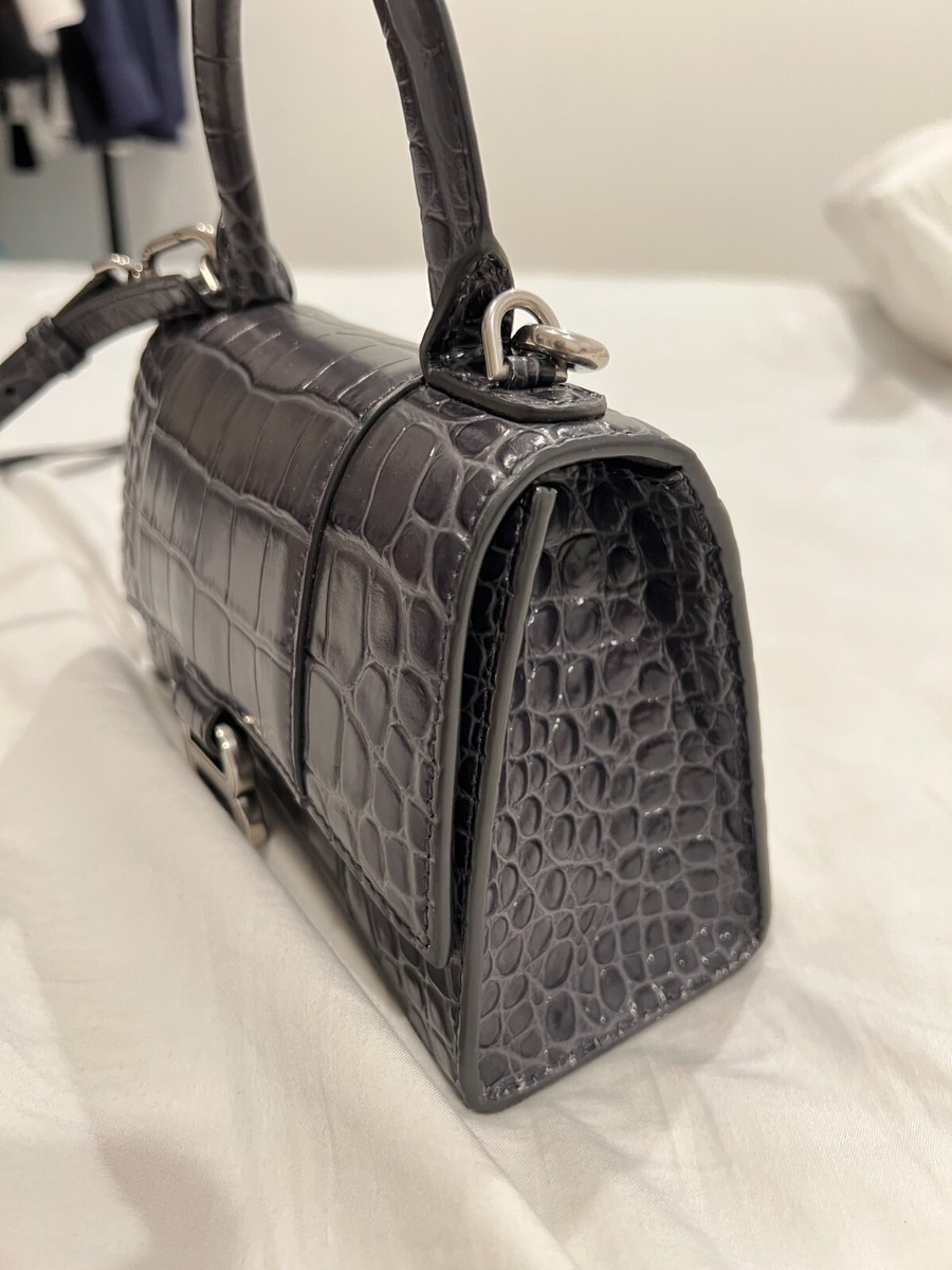 Balenciaga Hourglass Small Crocodile Embossed Leather Bag in Gray