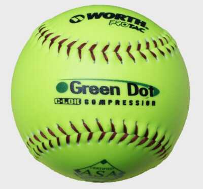 Worth 11'' Green Dot ASA/USA Slowpitch Softballs 52/300 (Dozen): AHD11SY