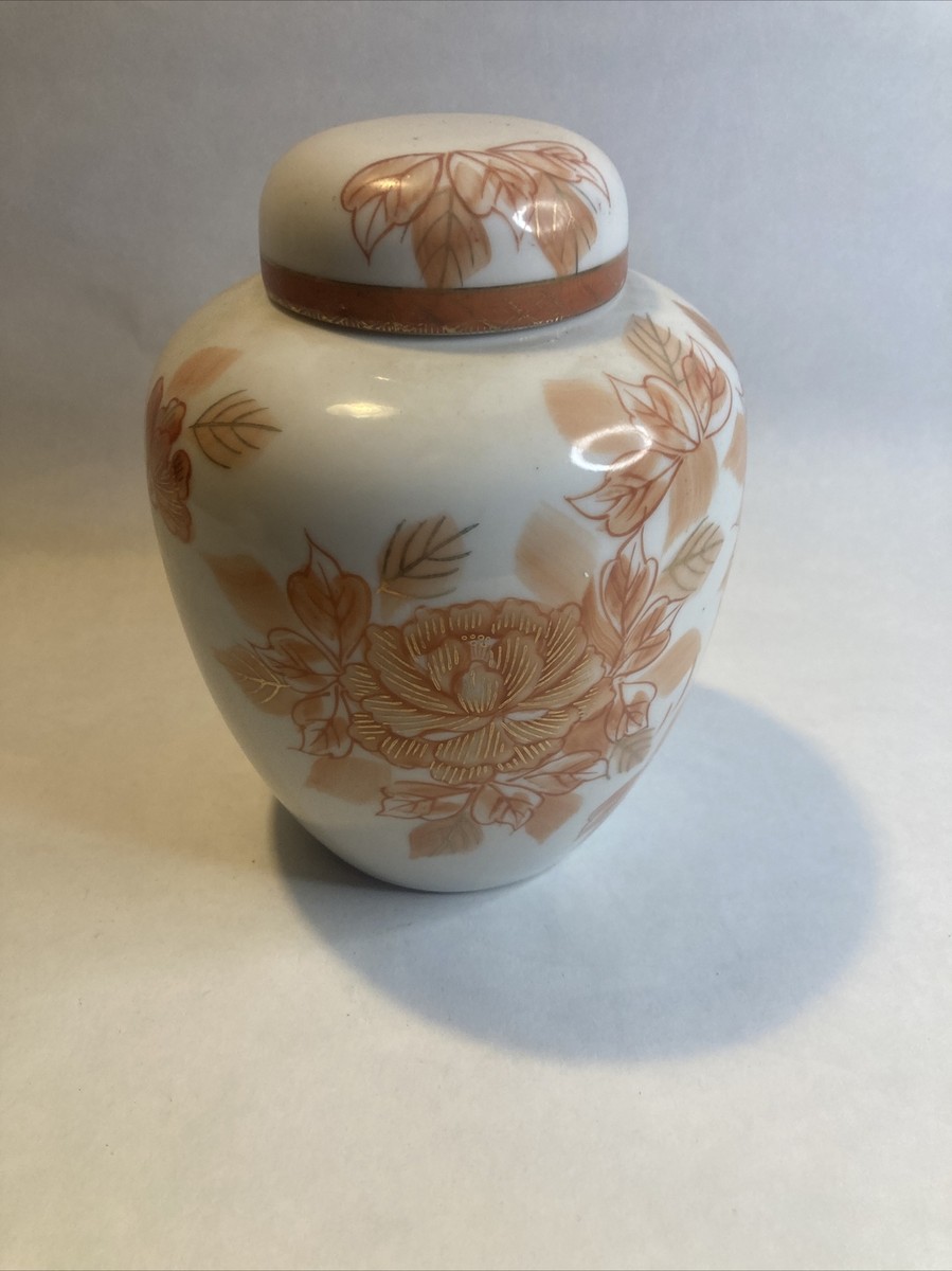 Vintage Japanese Porcelain Ginger Jar, Orange Floral Gold Gilt