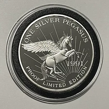 1991 Pegasus Gold Co Black Pine Mine Proof Coin 1 Troy Oz .999 Fine Silver Round