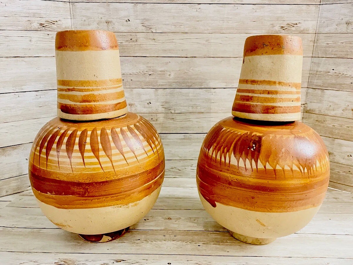 2x Mexican Clay Pottery Water Jug Decanter with Cup 2 Garrafon De