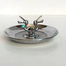 Vintage Art Deco Chrome Pelican Ashtray USA Made 4" Round Mid Century Hollywood