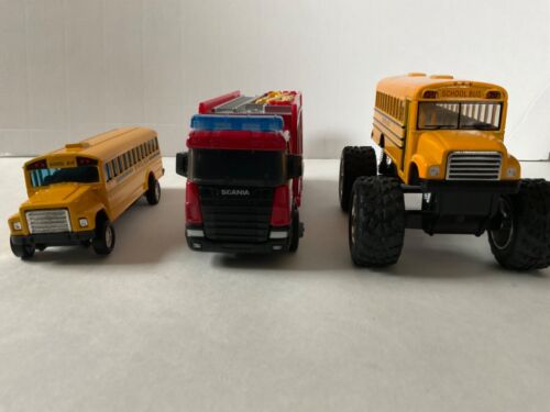 3 die cast cars - 2 school buses & fire truck - Picture 1 of 7