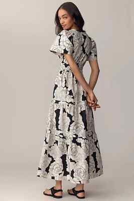 anthropologie black dress with white flower Somerset Tiered Maxi Cotton Peonies Floral L NEW GOINGOUT Glitter birthday dress | Size (check size guide):M