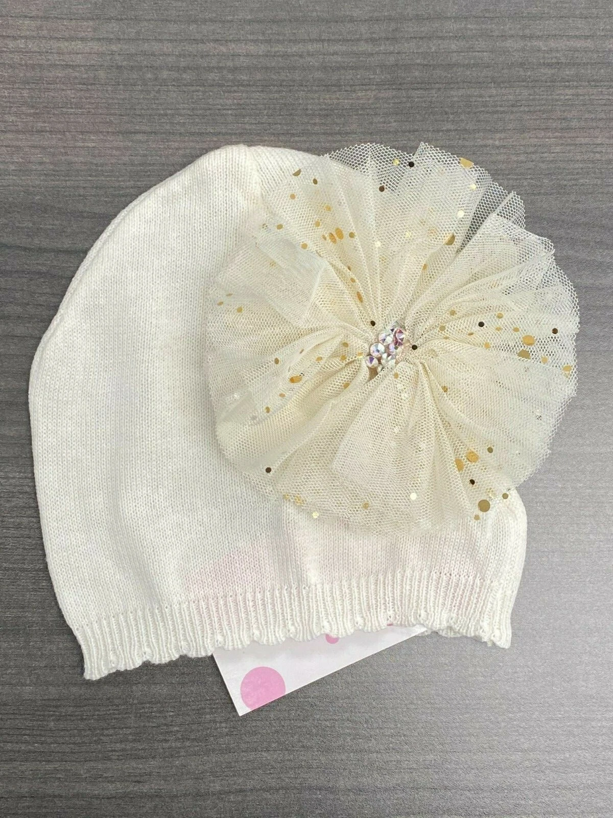 Bari Lynn Chic Baby Cap with Tulle Flower & Gem Decor