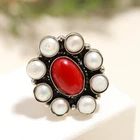 Gift For Him Italian Red Coral & Pearl Ring Gemstone 925 Sterling Silver Jewelry