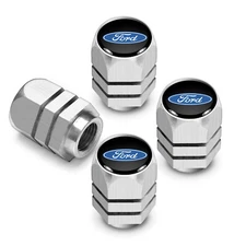 Ford Logo in Black on Silver Chrome Hexagon Aluminum Tire Valve Stem Caps