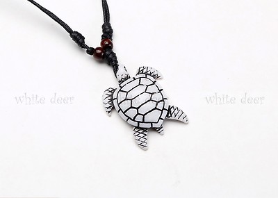 White Resin Wood Pendant Necklace Carving Lucky White Wise Sea Turtle Marine Art