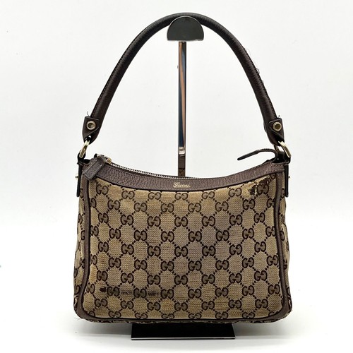GUCCI GG Canvas Brown Leather Shoulder Bag Handbag Accessory Pouch 146244 Auth