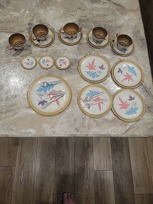 Vintage 1950s Toy Dishes tea party partial set ''Leaves'' Ohio Art Co. USA Tin