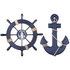 Nautical Wooden Ship Wheel & Anchor Wall Decor Set 2 Pack 11"