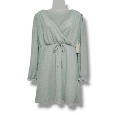 Sage Green Faux Wrap Mini Dress L Swiss Dot Ruffle Fairy Softgirl Cottage NEW