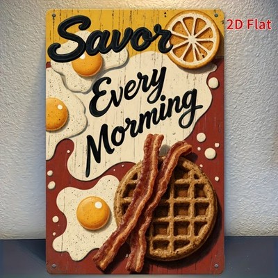 Breakfast Kitchen Metal Sign Savor Every Morning Retro Bacon Eggs Waffle Decor