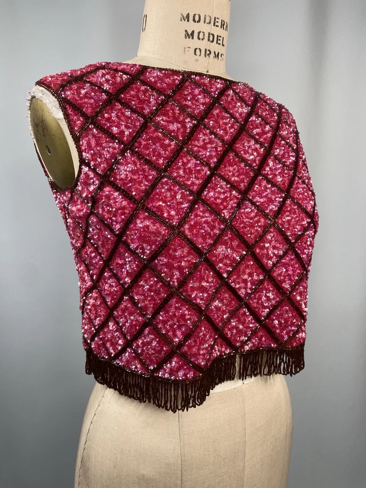 Top Vintage Lentejuelas TALLA EXTRA PEQUEÑO Rosa Marrón Cuentas Recortado Años 60 MARTHA Flecos Foto 3 de 4