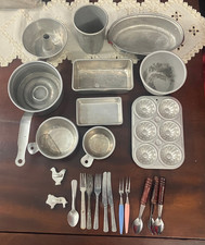 Lot of Vintage Aluminum Cooking Items Kids Toys Flatware Cups Pans Mid-century
