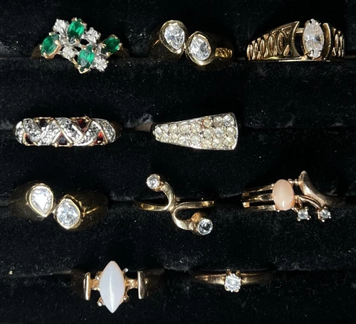 Vintage Costume Jewelry Ring Lot Rhinestones Gold Tone Statement Cocktail