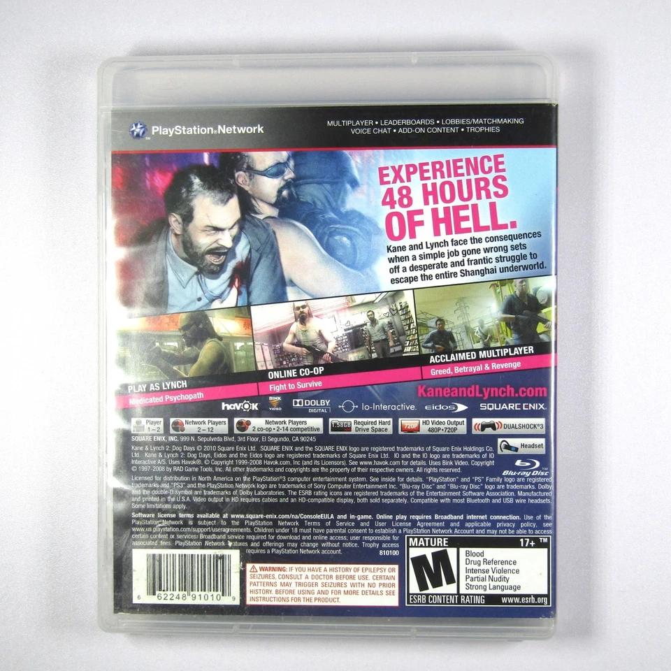 Kane & Lynch 2 Dog Days PS3 CIB Auténtico Probado Completo en Caja Foto 3 de 4