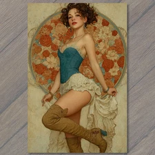 POSTCARD Burlesque Dancer Blue Corset Thigh High Boots Vintage Floral Backdrop