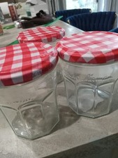 3 Bonne Maman Empty Jam Jars 13 oz Glass Storage w/ Red Gingham Lids 4"