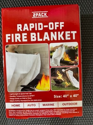 RAPID-OFF Fire Blanket 2 Pack Fiberglass Kitchen Garage Car Safety 40 x40 