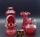 4pc Lot of Fenton COIN DOT OPTIC CRANBERRY Glass Pieces Vases, Basket, Pitcher
