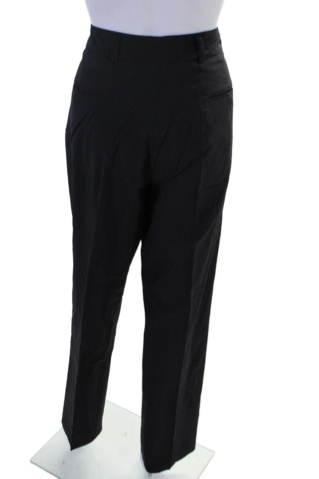 Calça social feminina DKNY com zíper plano frontal listra de giz perna cônica preta tamanho 8 - Imagem 3 de 4