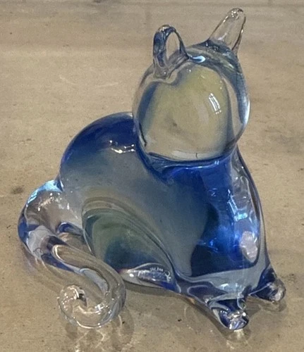 Murano Glass Blue And Green Cat Paperweight 4 3/4”