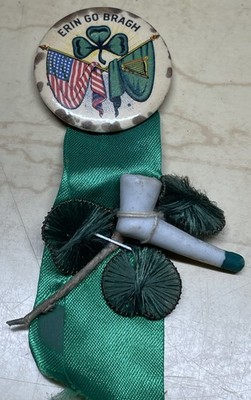 Vintage Erin Go Bragg St Patrick s Day Pin W/ Flags 3.75  X 1.25  Ribbon & Pipe