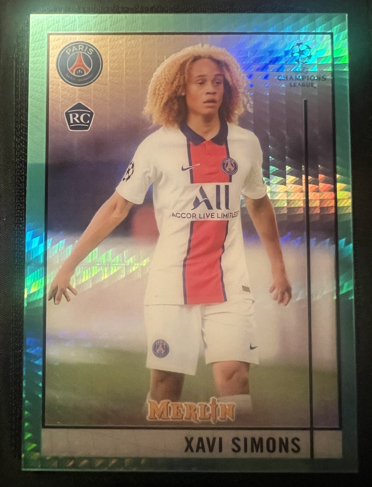 2020 21 Topps Chrome Merlin Soccer Xavi Simons Aqua Prism #87 RC Rookie