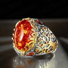 925 Sterling Silver Oval Baltic Amber Stone Men's Ring Tree of Life Oval Zircon