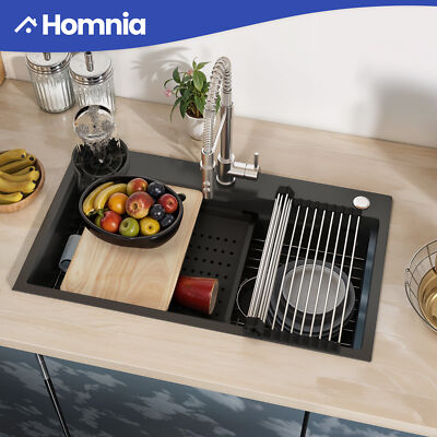 Kitchen Sink Black Stainless Steel Drop-in Multi-Tier Cutting Board Single Bowl